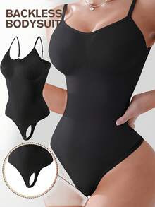Faja moldeadora color sólido, tirantes ajustables. Diseño de tanga sin espalda, abdomen liso. Transpirable, elástica, cómoda, sexy. Body diario versátil y caliente. - Negro - Ver 1