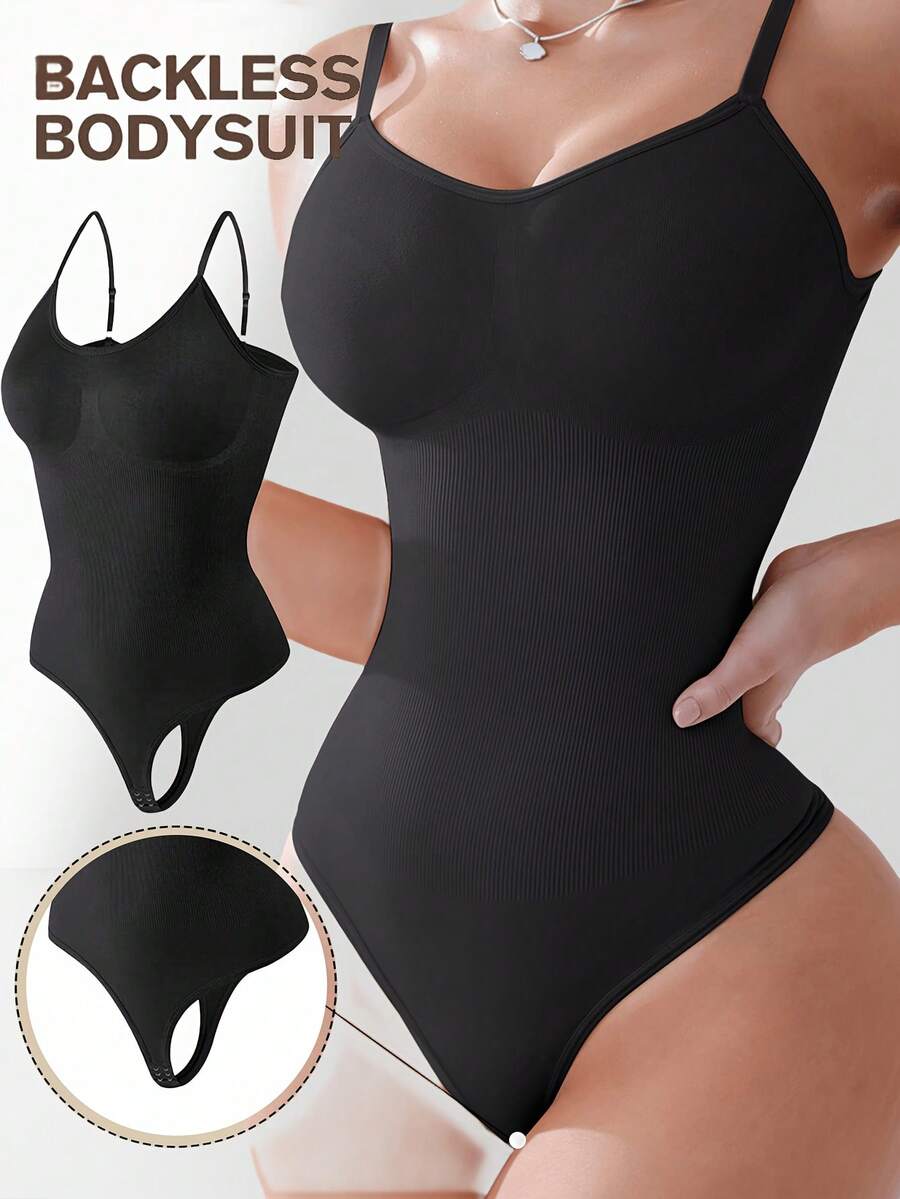 Faja moldeadora color sólido, tirantes ajustables. Diseño de tanga sin espalda, abdomen liso. Transpirable, elástica, cómoda, sexy. Body diario versátil y caliente. - Negro - Ver 1