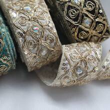 1/5 Yard High-End Embroidered Lace Trim With Fabric Backing, Floral Embroidery, Gold Sequin Decoration, Court Style Rhombus Embroidered Floral Pattern, Suitable For DIY, Sewing, Decoration And Beginner Sewing - Multicolor a - View 3