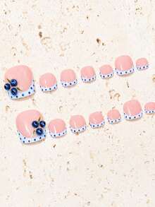 14pcs Handmade Press-On Toenail Set, Summer Y2K French Tip Toenails, Blue 3D Fruit Acrylic Press-On Nails, Pink Polka Dot Toenails, Beach Vacation Holiday Press-On Nail Set - Multicolor - View 2