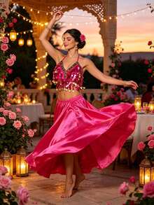 Belly Dance Coin-Embellished Halter Crop Top, Satin Full Circle Maxi Skirt For Stage Performance & Carnival - Multicolor - View 20