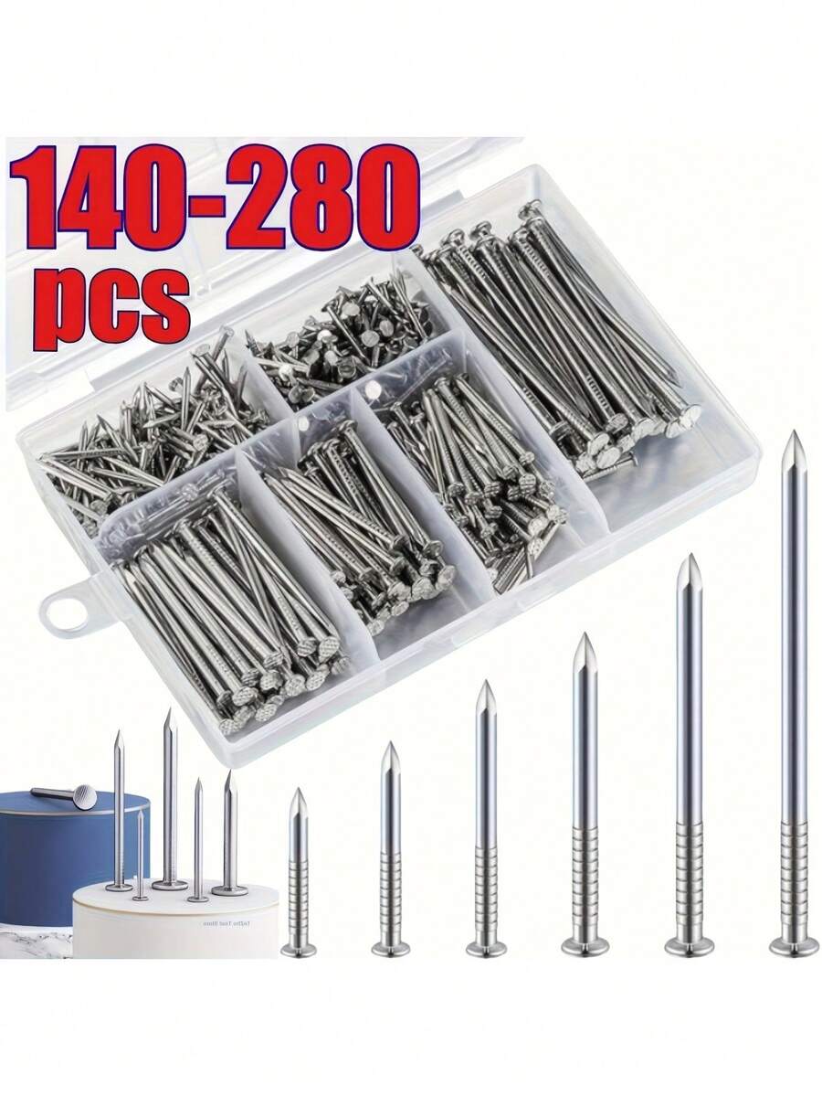 140-280Pcs 6 Sizes Galvanized Steel Hardware Nails Assortment Kit, Flat Round Head Wood Wall Fasteners, Picture Hanging Nails With Portable Plastic Storage Box For DIY Home Furniture Construction Repair - Multiple Styles - View 1