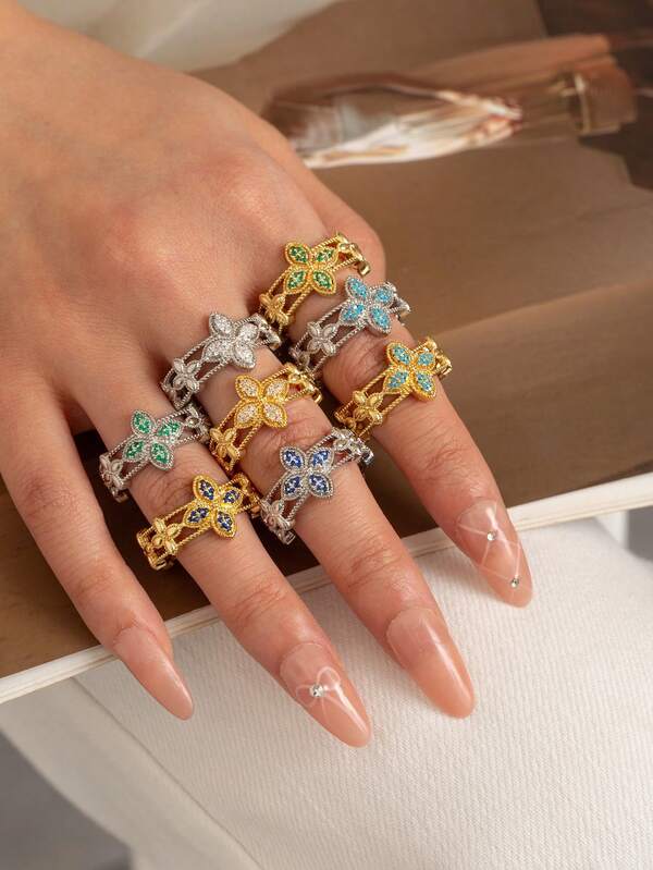 1pc Fashion Exquisite Sparkling Cubic Zirconia Hollow Flower Open Ring, Vintage Palace Style, High-End Elegant Women's Jewelry For Banquet, Party, Gift