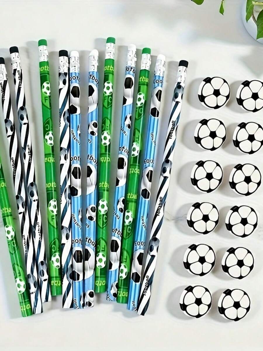 24 PCS Football For Party Pencil Eraser Set | Includes 12 Random Pattern Pencils 12 Erasers | Football Sports Theme Design | Hot , First Day Of School - Multicolor - View 1