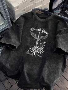 1 camiseta de hombre estilo gótico vintage, 100% algodón, estampada, de manga corta, moderna y versátil, con cuello redondo, diseño de rosas y espadas, estilo urbano, adecuada para uso diari - Negro - Ver 1