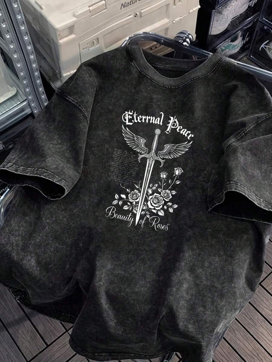 1 camiseta de hombre estilo gótico vintage, 100% algodón, estampada, de manga corta, moderna y versátil, con cuello redondo, diseño de rosas y espadas, estilo urbano, adecuada para uso diari - Negro - Ver 1