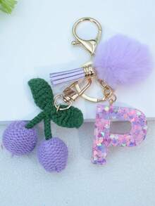 1 buah Gantungan Kunci Huruf Inggris Resin Bermotif Langit Berbintang dengan Hiasan Rumbai dan Bola Bulu Hitam, Liontin Hati, Hadiah untuk Teman dan Ibu - Mauve Purple - View 28