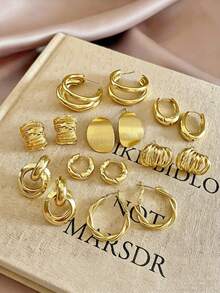 8pcs/Set Minimalist Elegant Exquisite Fashion Niche Versatile Geometric Gold Multi- Earrings Studs Jewelry Set Suitable For Women Daily Holiday Commute Vacation Wear - Multicolor - View 1