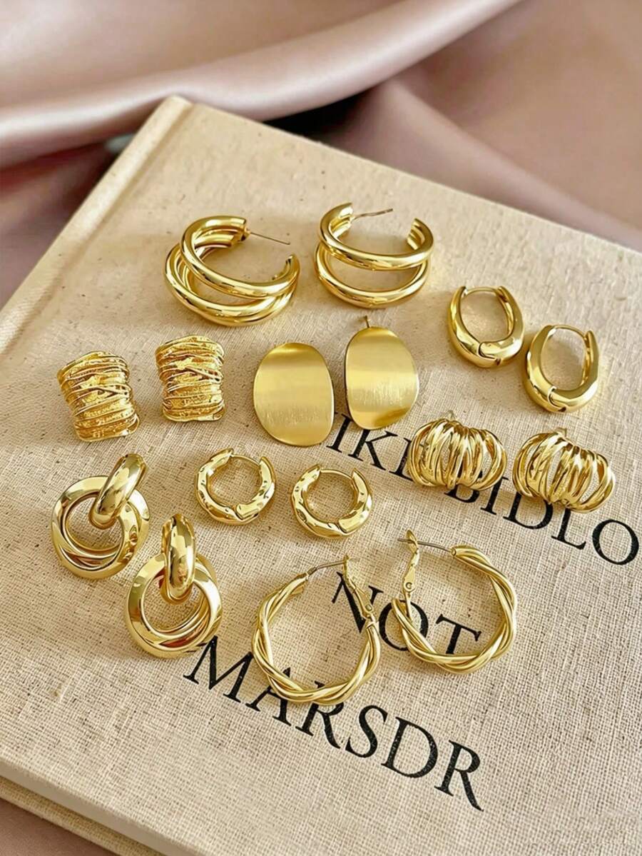 8pcs/Set Minimalist Elegant Exquisite Fashion Niche Versatile Geometric Gold Multi- Earrings Studs Jewelry Set Suitable For Women Daily Holiday Commute Vacation Wear - Multicolor - View 1