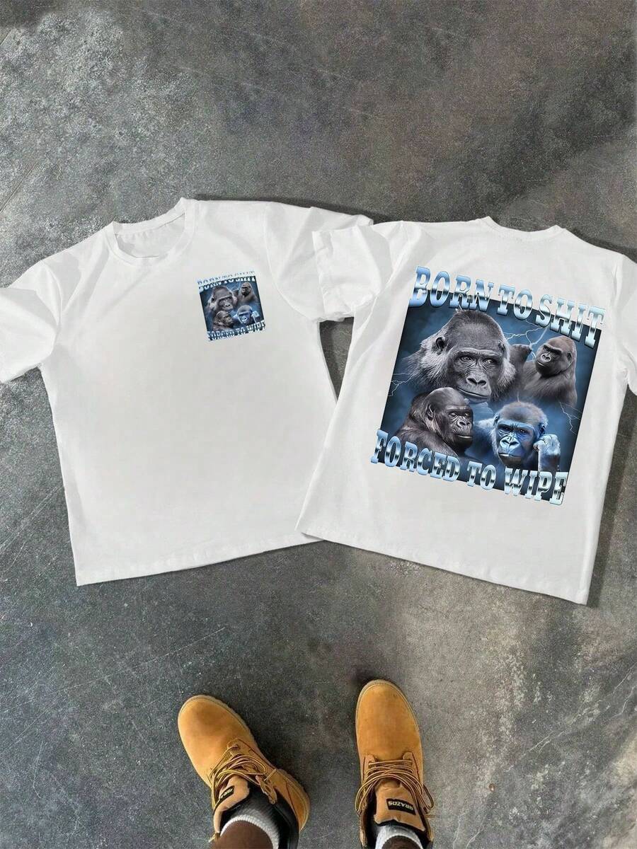 Rostros de simios mirando con intensidad en medio de relámpagos simbolizan fuerza salvaje y espíritu rebelde camiseta de hombre con estampado doble moderno - Blanco - Ver 1