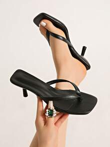 French Style Women's Summer New Toe-Post Thin Heel High Heel Sandals With Back Strap Kitten Heel Flip-Flop Slides - Black - View 6