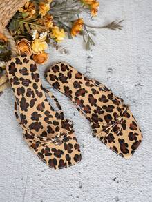 Women's Leopard Print Brown Square Toe Bow Thong Sandals With Multiple Thin Straps Flat Slippers Soft Flip Flops Minimalist Style Summer Beach Shoes Vacation Daily Commute Outdoor Wear - Rust Brown - View 5