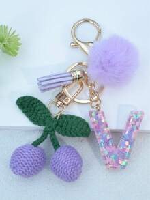 1 buah Gantungan Kunci Huruf Inggris Resin Bermotif Langit Berbintang dengan Hiasan Rumbai dan Bola Bulu Hitam, Liontin Hati, Hadiah untuk Teman dan Ibu - Mauve Purple - View 17