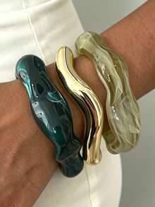 3/1pc Vintage Minimalist Casual Style Women's Green Wave-Shaped Acrylic & CCB Material Open Ring Bracelet, Suitable For Daily Wear, Stackable, Perfect Gift For Holidays - Green - View 7