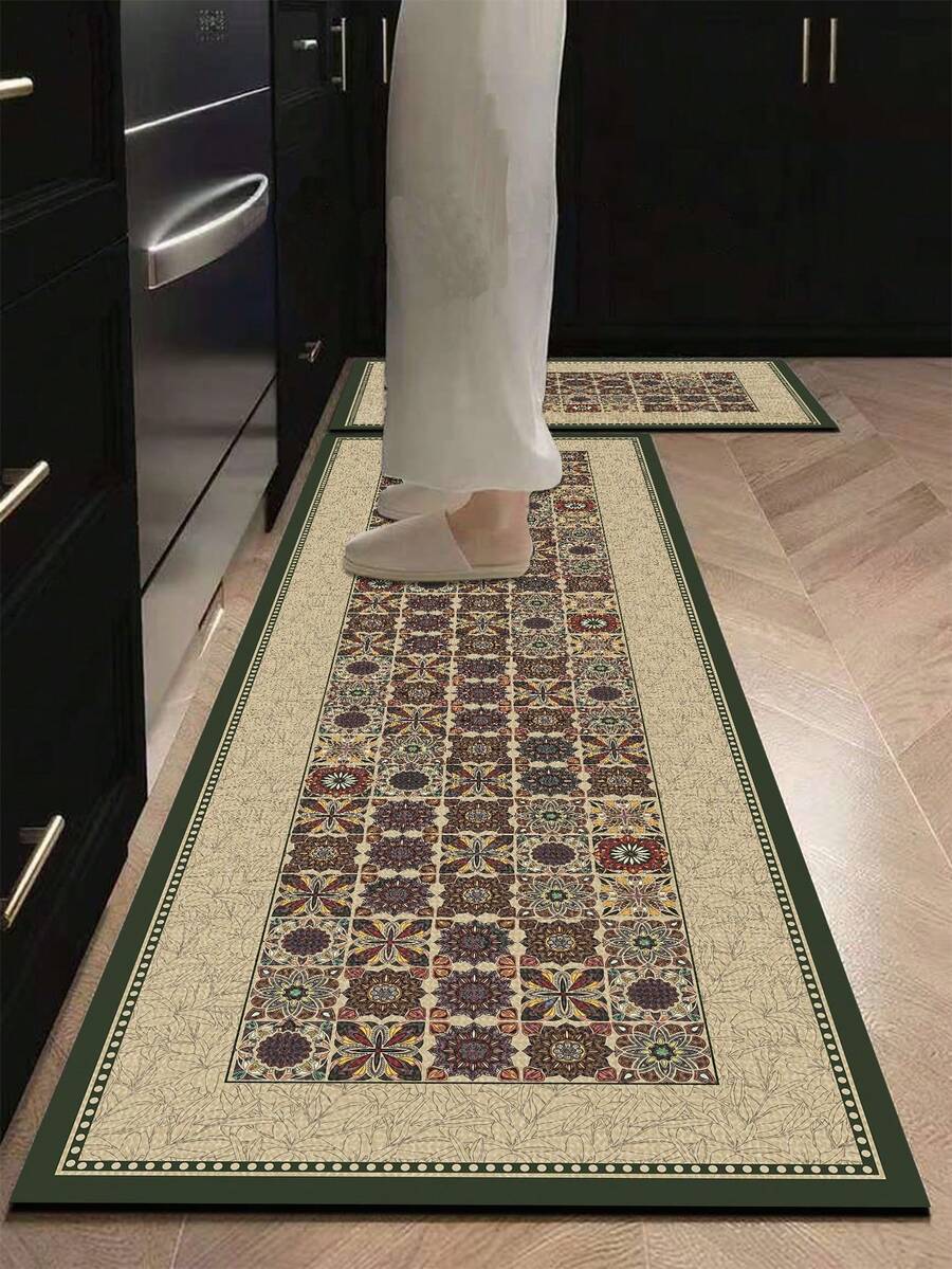 1pc Diatomaceous Earth Kitchen Floor Mat, Bohemian Mandala Tile Patchwork, 3.5mm Thick Cuttable, Water-Absorbent Non-Slip, Popular Entryway Anti-Slip Mat For Kitchen, Bathroom, Balcony, Hallway - Multicolor - View 1
