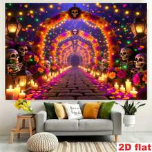 1pc Mexican Day Of The Dead Marigold Background Fabric, Made Of Polyester. It Features A Marigold Archway, Skulls. Suitable For Day Of The Dead Memorial Parties, Mexican Style Events, Halloween Party Decorations, And Party Decorations, Etc. - A - View 9