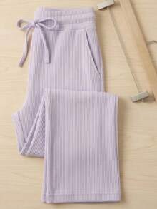 Blogueirinha Children's Wide Leg Pants In Ribbed Cotton Fabric With Pocket, Comfortable And Soft - Lilac - View 2