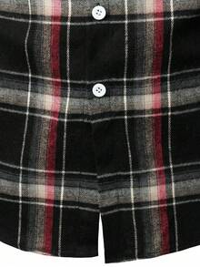 男士格紋法蘭絨休閒鈕扣商務長袖襯衫 - 紅色和黑色 - 查看 4