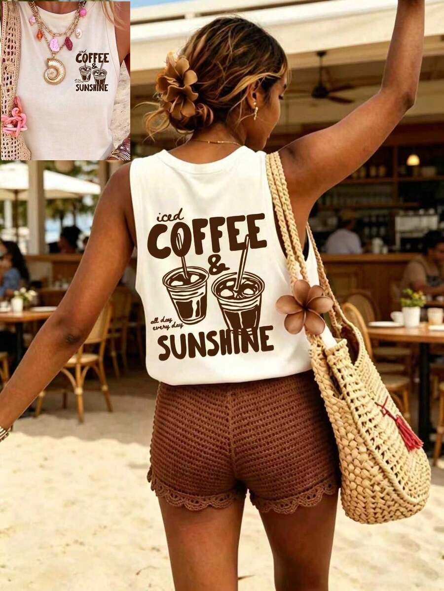 Coffee Lover Club 圖案女款無袖背心上衣,夏季休閒大尺碼白色背心,度假海灘穿搭女裝 - 白色 - 查看 1