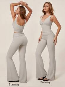 TimeOff One Set Women's Solid Color V-Neck Backless Removable Padded Thick Strap Tank Top And Flared Waist Long Pants Sports Set - Light Grey - View 10
