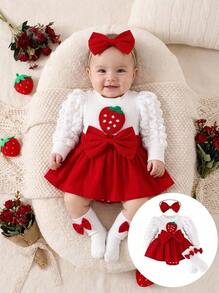 Baby Girl Strawberry Embroidery Bow Decor 2 In 1 Long Sleeve Bodysuit With Hair Band And Bow Socks Set, Adorable Outfit - Red - View 4