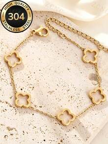 Znice 2026 New Fashion Stainless Steel 18K Gold Plated Flower Bracelet & Bangle Set, Curved Full Rhinestone Design Suitable For Women Daily Wear, Layering Or Single Wear, Summer Jewelry, Waterproof Beach Vacation Accessory - Gold 1 - View 9