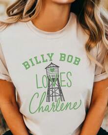 1 Camiseta de Moda Casual para Hombres y Mujeres, Estilo Y2K Vintage, Camiseta "Billy Bob Loves Charlene", Camiseta de Pareja del Sur, Camiseta "Amor Campestre", Regalo Divertido y Romántico - Albaricoque - Ver 1