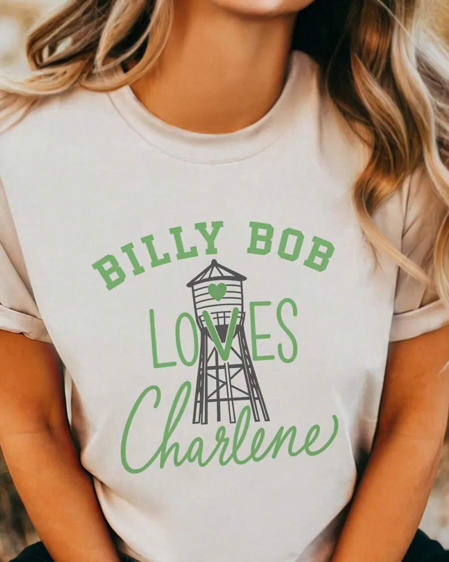 1 Camiseta de Moda Casual para Hombres y Mujeres, Estilo Y2K Vintage, Camiseta "Billy Bob Loves Charlene", Camiseta de Pareja del Sur, Camiseta "Amor Campestre", Regalo Divertido y Romántico - Albaricoque - Ver 1