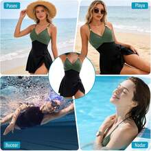 Women's Swimsuits, Women's Swimsuits For Swimming And Fitted Swimwear, Women's One-Piece Swimsuit With Elegant Skirt, Women's Swimsuit With Tummy Control For Beach, Pool, And Surfing - 黑色和綠色 - 查看 4