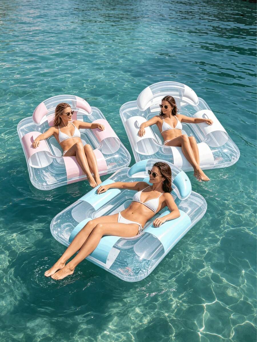1pc Inflatable Water Sofa, Sequin Transparent Patchwork Minimalist Style, With Pillow, With Handle Design, PVC Material, Suitable For Water, Pool, Beach Theme Party, Water Resting Seat, Inflatable Water Float, Water Floating Object, Air Pump Sold Separately - Square Recliner - View 1