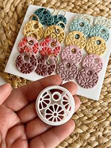 Round Hollow Daisy Floral Polymer Clay Cutter, Boho Botanical Earring Craft Mold - White - View 1