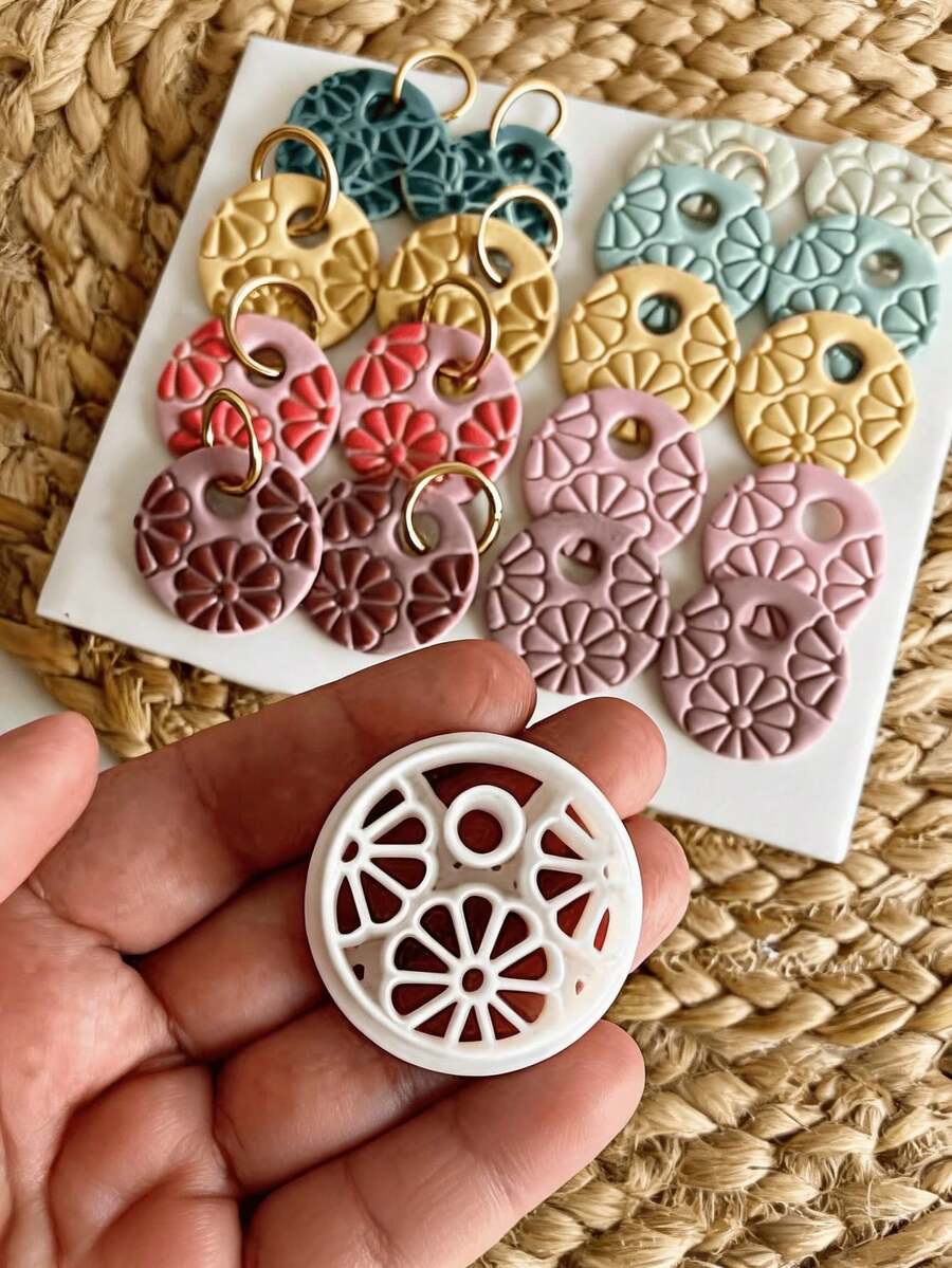 Round Hollow Daisy Floral Polymer Clay Cutter, Boho Botanical Earring Craft Mold - White - View 1