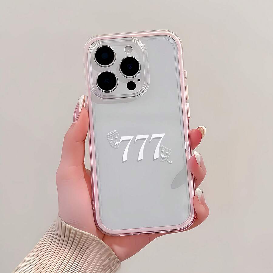 1 pieza Funda de teléfono con marco rosa y lente transparente minimalista, protección contra caídas e impactos, patrón de rostro y número 777, adecuada para iPhone 16 Pro Max, 17/16/15/14 Plus/13/12/11 y modelos Air. - Multicolor - Ver 1
