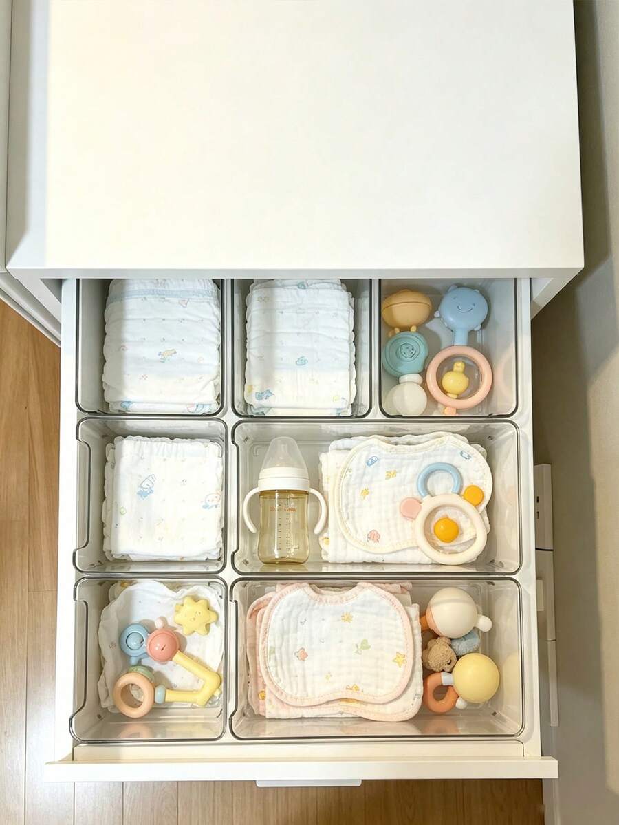 8件/7件透明缺口抽屜收納盒套組,含抽屜分隔板,適用尿布、奶瓶、圍兜、兒童用品,多功能桌面辦公收納盒,適合浴室、育嬰室、居家物品分類收納與整理 - 彩色 - 查看 1