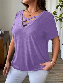 Talla Grande - Talla Grande - Camiseta Casual de Color Sólido con Cuello en V Cruzado y Mangas Cortas para Verano - Morado - Ver 3
