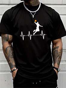 ‌Camiseta de Manga Corta Holgada Casual Versátil con Estampado de Baloncesto Divertido, para Vacaciones, Trabajo y Uso Diario - azul y negro - Ver 1