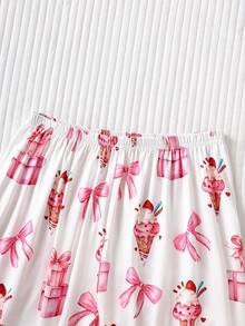 2 pièces Ensemble de pyjama pour femmes avec imprimé intégral de nœud de glace, tissu satin premium, lisse et confortable, top à manches longues boutonné ample et léger et pantalon, style fille douce, ensemble de vêtements de nuit quotidien pour femmes - Rose bonbon - Voir 8