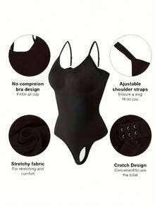Faja moldeadora color sólido, tirantes ajustables. Diseño de tanga sin espalda, abdomen liso. Transpirable, elástica, cómoda, sexy. Body diario versátil y caliente. - Negro - Ver 2