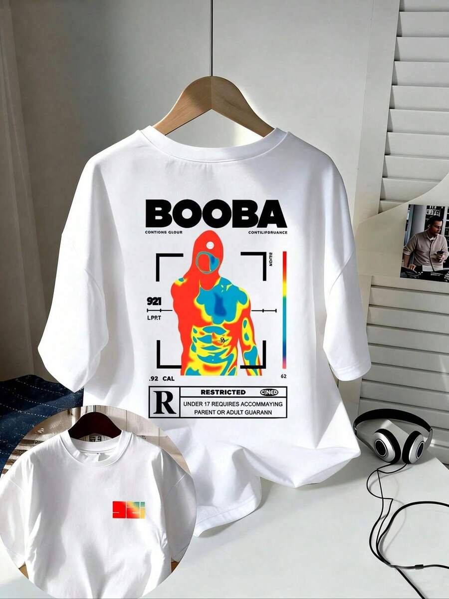 BOOBA Camiseta Estilo Hip Hop con Estampado Termotransferente Moda Retro Streetwear Casual Unisex Juvenil - Blanco - Ver 1