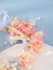 1pc Vintage Elegant Pink Pom Pom Pearl Floral Headband, Bridal Wedding Accessory - Red - View 4