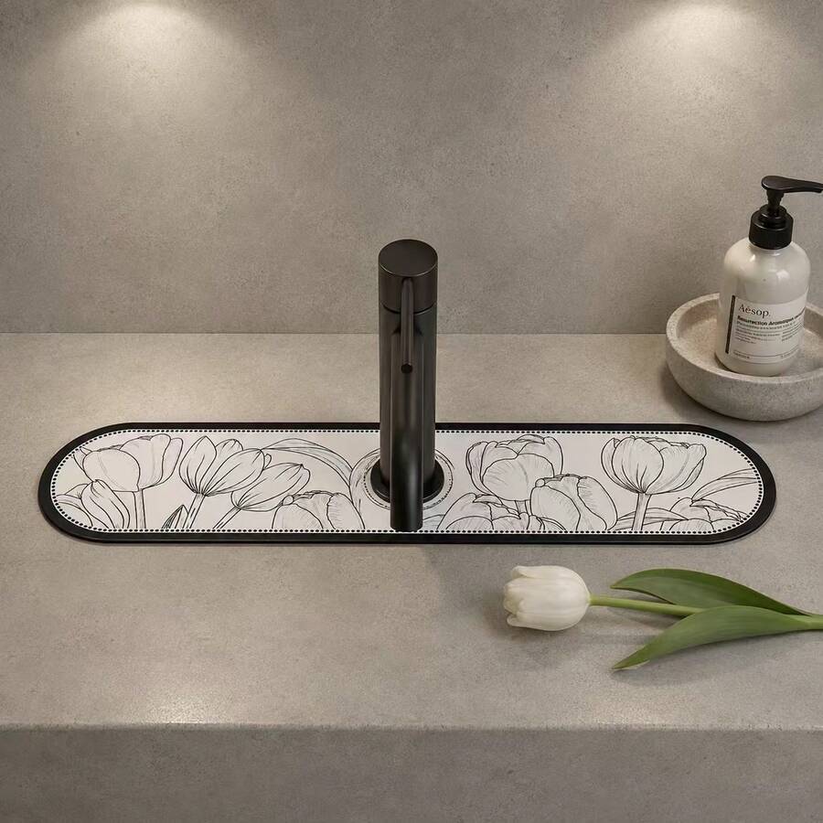 1pc Line Art Tulip Print Diatomite Faucet Absorbent Mat, Quick Dry Non-Slip Anti-Splash Sink Drain Pad, Stain Resistant Countertop Mat For Kitchen Bathroom Washbasin Home Decor - Multicolor - View 1