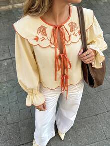 春夏彼得潘領前綁帶花瓣袖女上衣，復古優雅刺繡百搭長袖上衣 - 彩色 - 查看 2