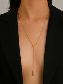 1pc Fashion Creative Water Drop Snake Bone Chain Necklace, Minimalist Versatile Water Drop Pendant Snake Bone Chain Y-Shaped Necklace, Suitable For Women's Daily, Vacation, And Party Wear - Gold - View 3