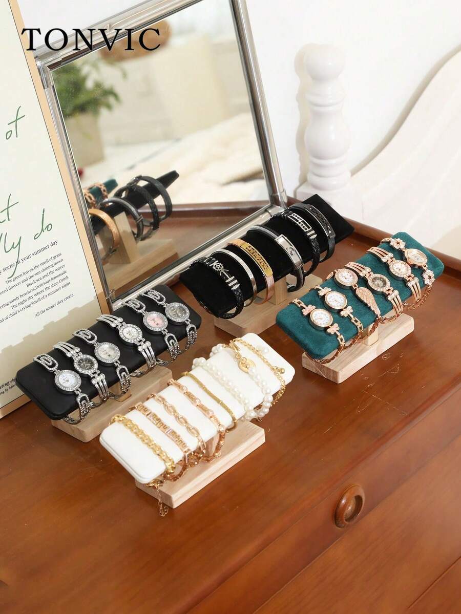TONVIC 1PC/2PCS Wooden Single-Layer Bracelet Storage Rack, Headband Necklace Watch Bracelet Display Stand, Jewelry Headscarf Display Prop, Accessory Decorative Rack - Walnut - View 1
