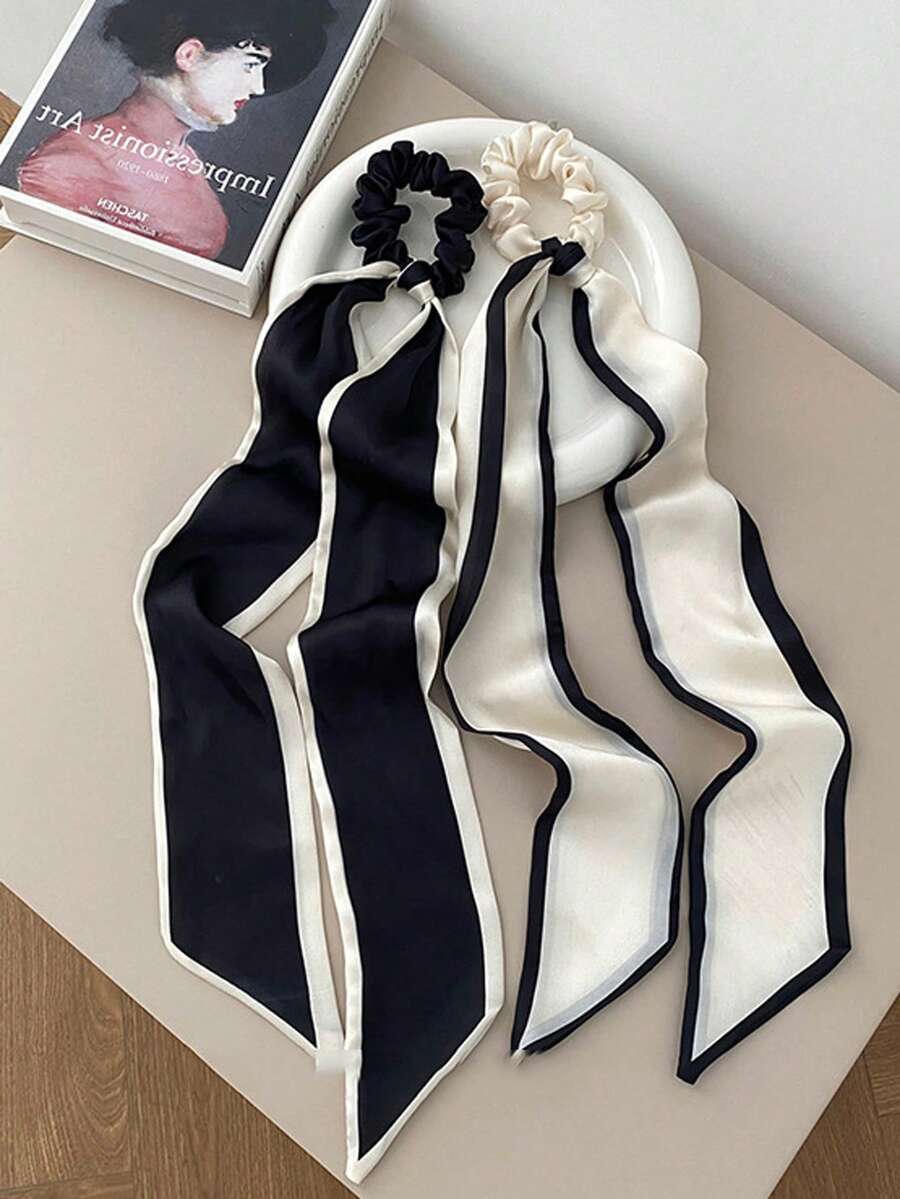 2件組女款黑白蝴蝶結緞面緞帶髮圈髮飾，適合日常使用，春夏秋冬四季適用（輕微色差）
