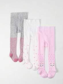 3 Pairs Baby & Toddler Girls Tight Leggings, Cute Cartoon Print Pattern, Design, Elastic & Breathable, Suitable For Daily Wear Versatile Base Layer - Multicolor - View 7