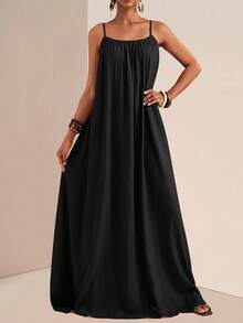 Vestido largo verde para mujer, con tirantes finos y escote cuadrado, estilo holgado casual - Negro - Ver 2