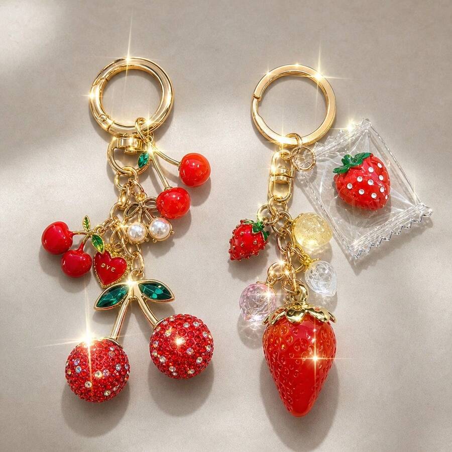 1pc Women's 3D Artificial Cherry & Strawberry Rhinestone Pendant Keychain, Sweet Bag Charm - Multicolor - View 1