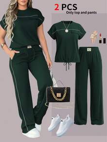 Conjunto de 2 piezas de mujer con top de cuello redondo de unicolor minimalista de manga corta y pantalones rectos de cintura alta, elegante para primavera/verano - Verde oscuro 1 - Ver 1