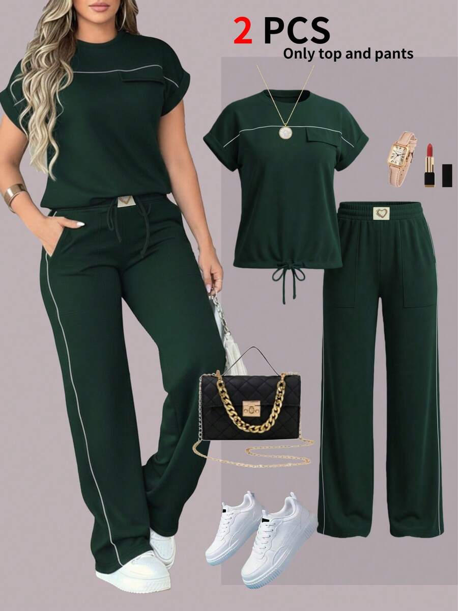 Conjunto de 2 piezas de mujer con top de cuello redondo de unicolor minimalista de manga corta y pantalones rectos de cintura alta, elegante para primavera/verano - Verde oscuro 1 - Ver 1